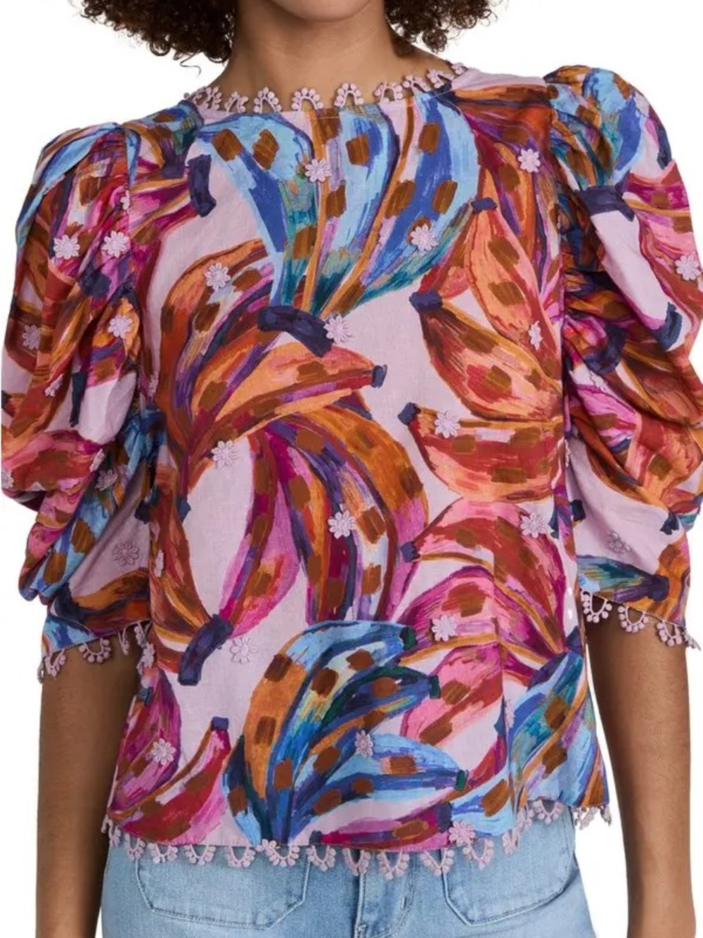 Farm Rio Colored Bananas Puff Sleeve Cotton Blouse In Lilac